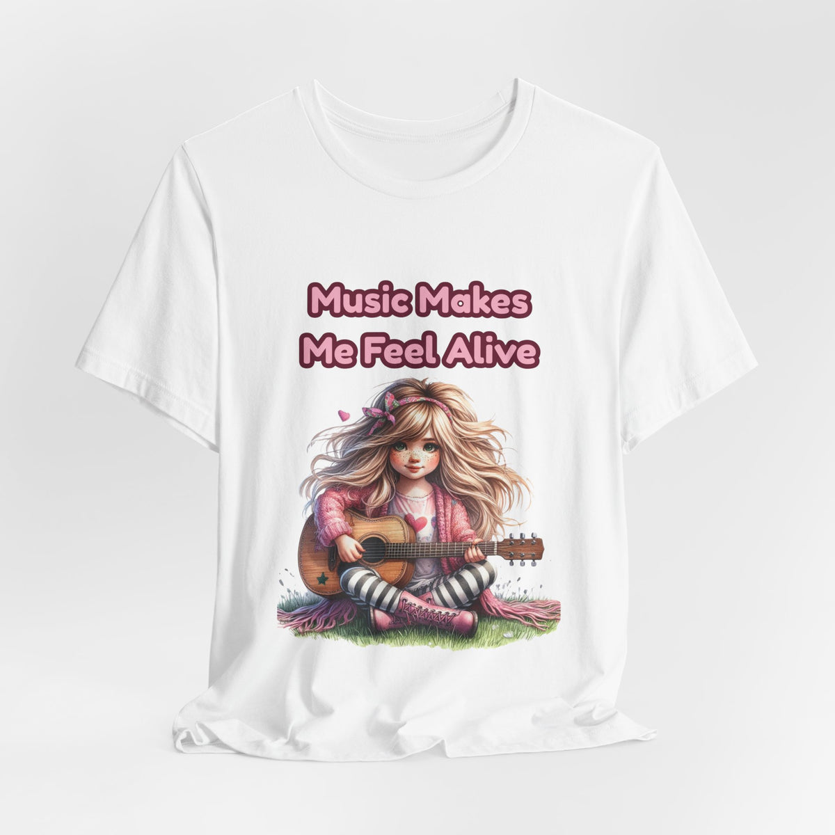 Music Makes Me Feel Alive T‑Shirt - Girl with Guitar Retro Cute Tee