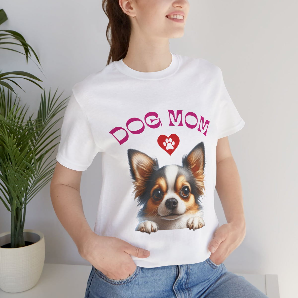 Chihuahua Dog Mom T-Shirt — Cute Chihuahua Face with Heart Paw Graphic