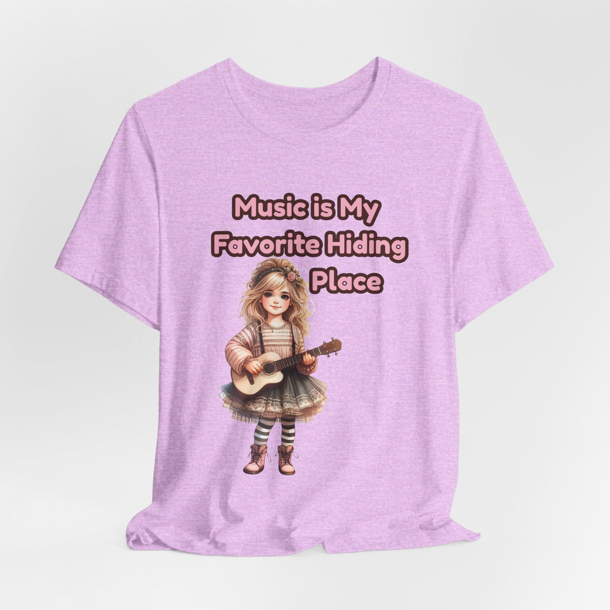 Music Is My Favorite Hiding Place T-Shirt — Cute Girl with Guitar Tee