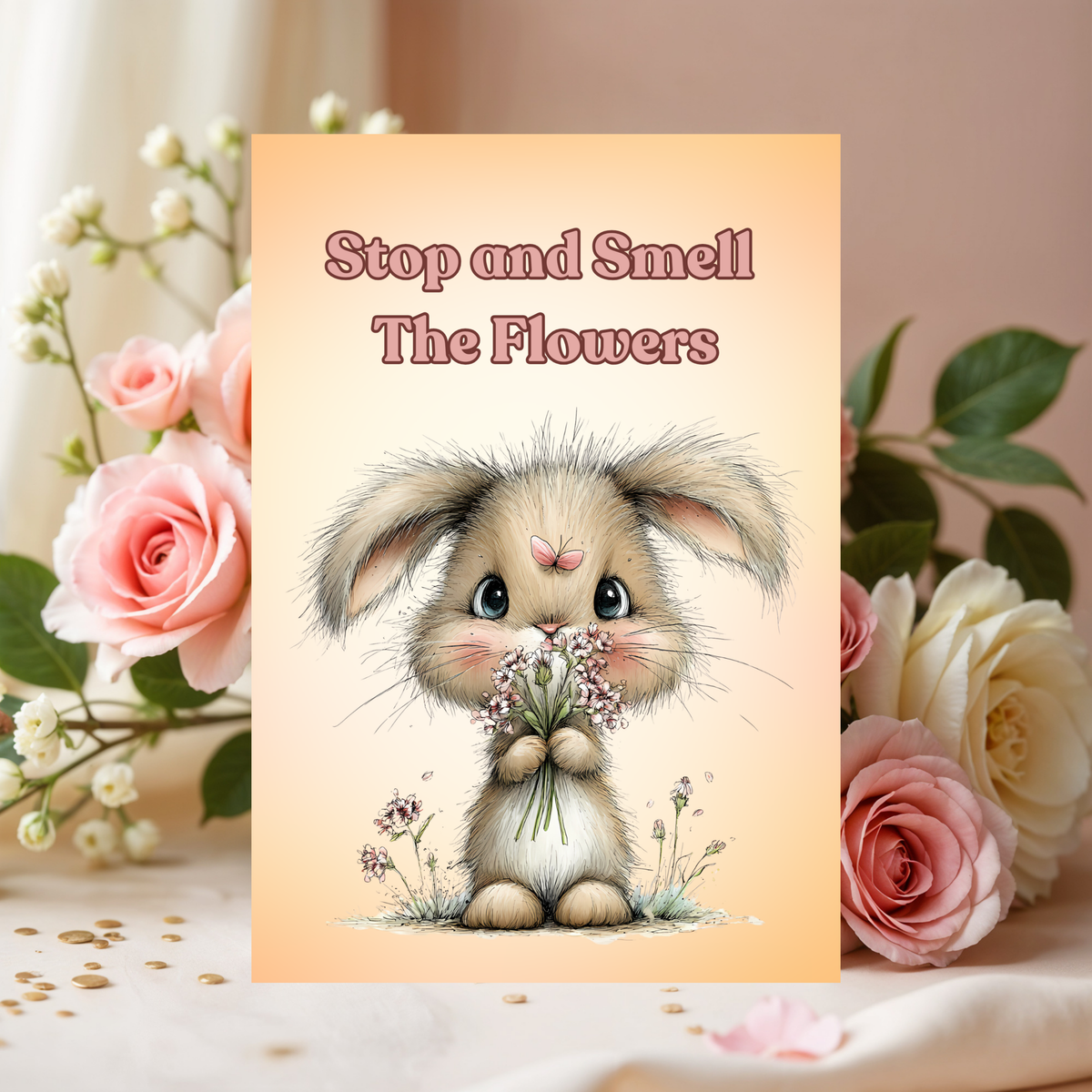 Inspirational Rabbit 5 x 7 Greeting Card: Stop and Smell The Flowers