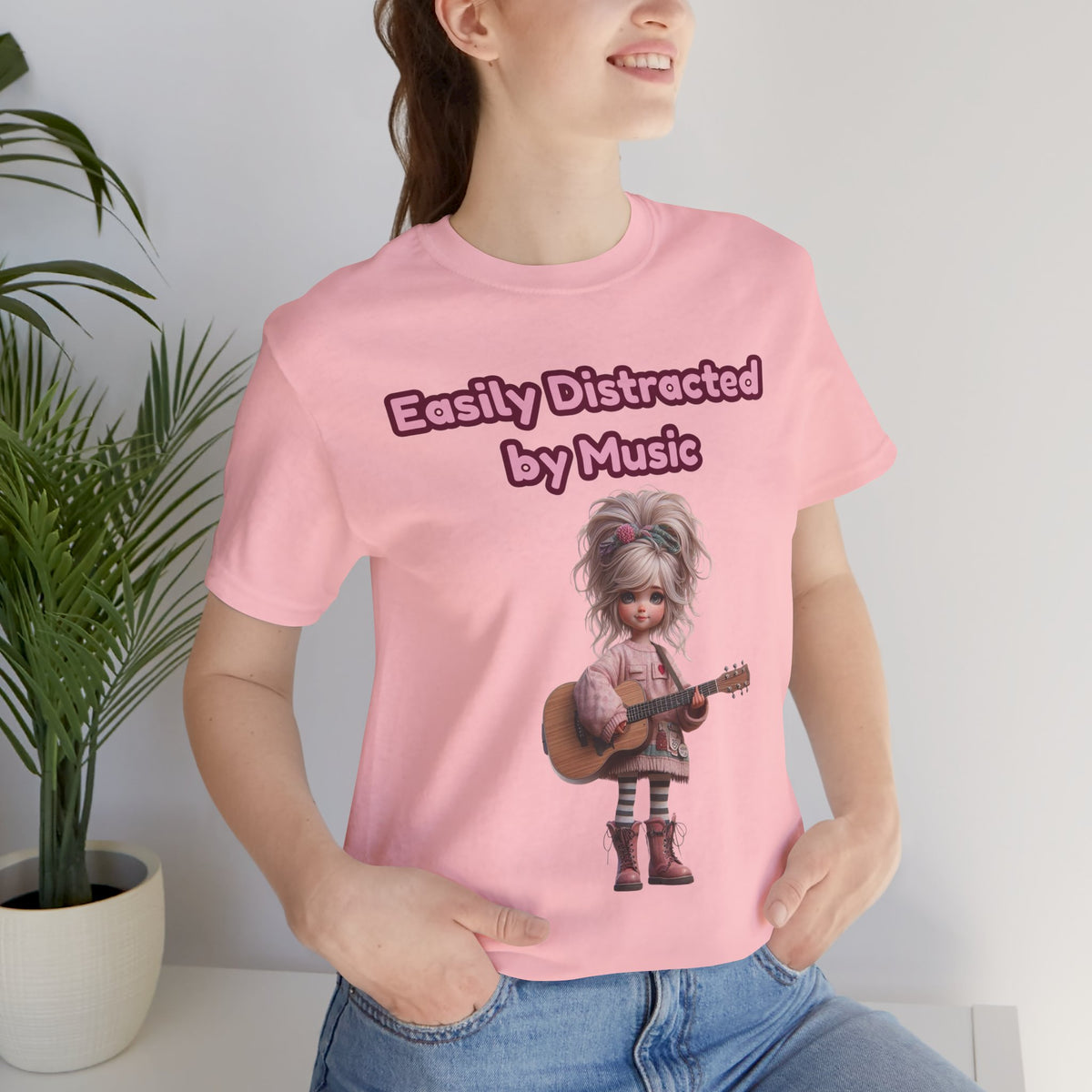 Easily Distracted by Music T‑Shirt — Cute Guitar Girl Tee