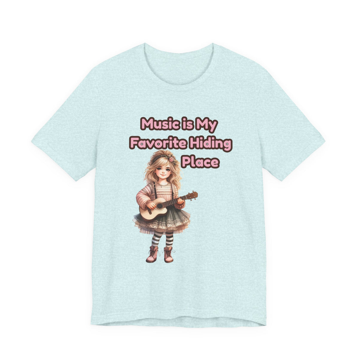 Music Is My Favorite Hiding Place T-Shirt — Cute Girl with Guitar Tee