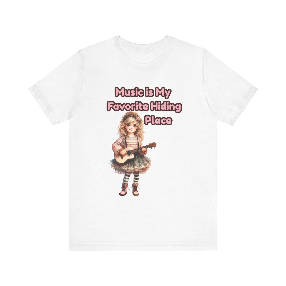 Music Is My Favorite Hiding Place T-Shirt — Cute Girl with Guitar Tee