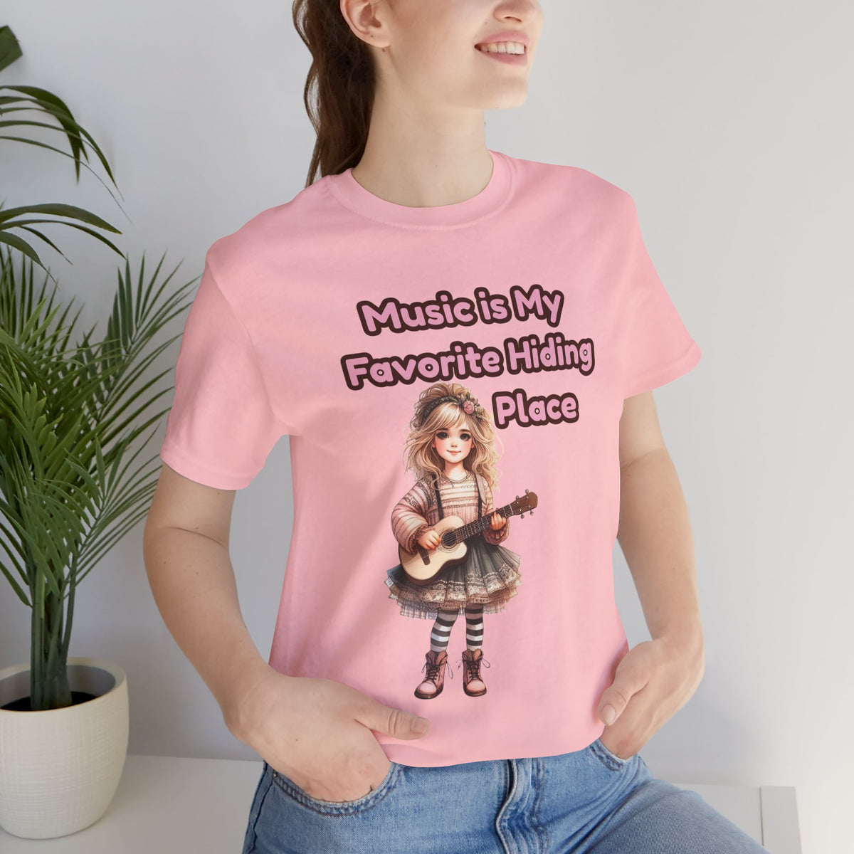 Music Is My Favorite Hiding Place T-Shirt — Cute Girl with Guitar Tee