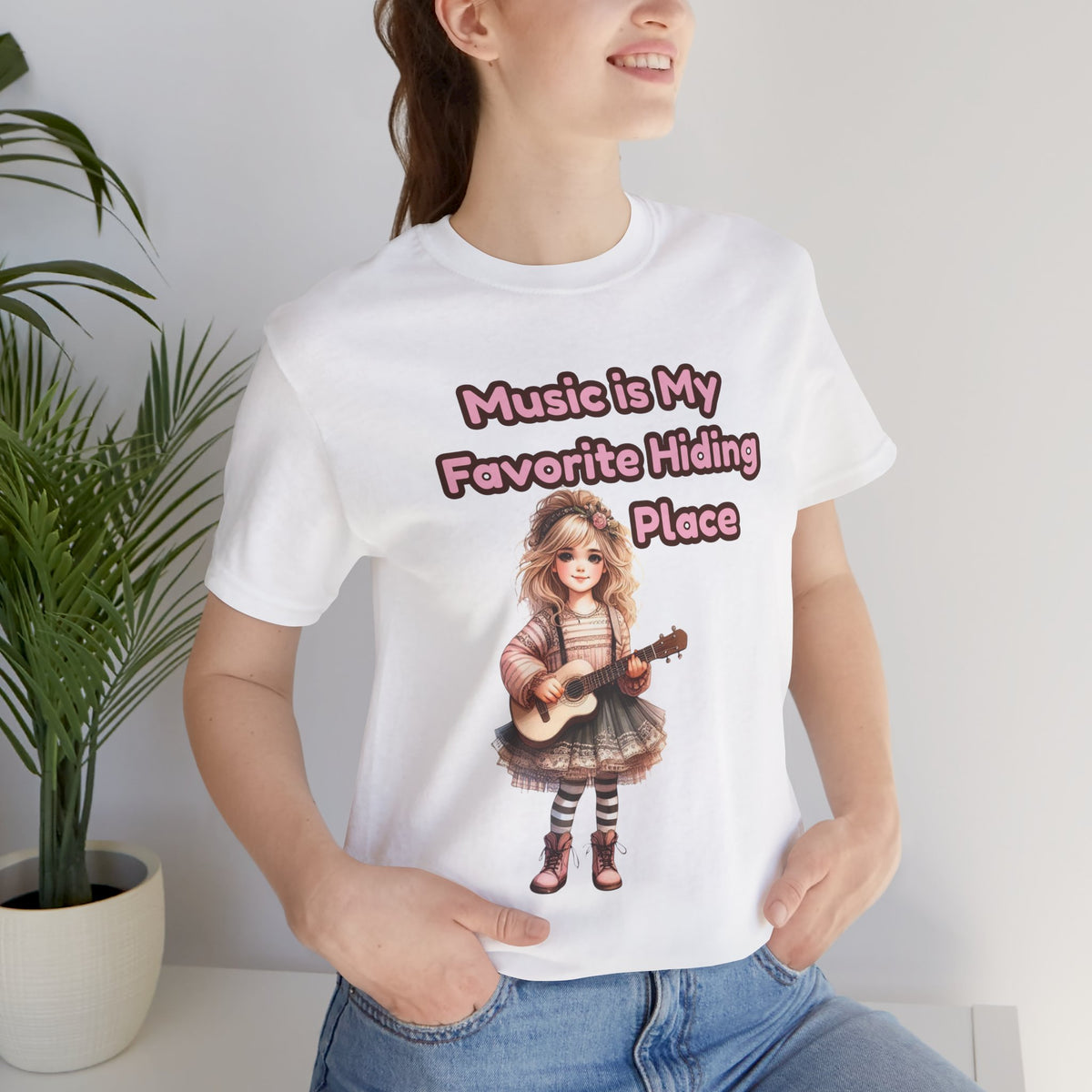 Music Is My Favorite Hiding Place T-Shirt — Cute Girl with Guitar Tee