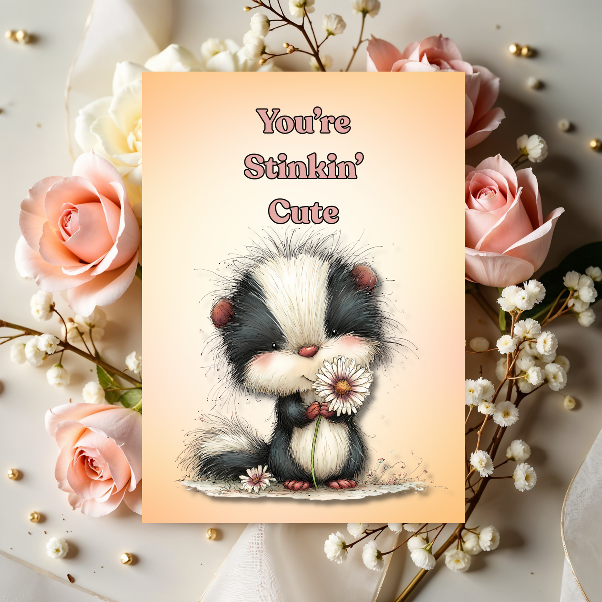 Whimsical Skunk You're Stinkin' Cute 5 x 7 Animal Greeting Card