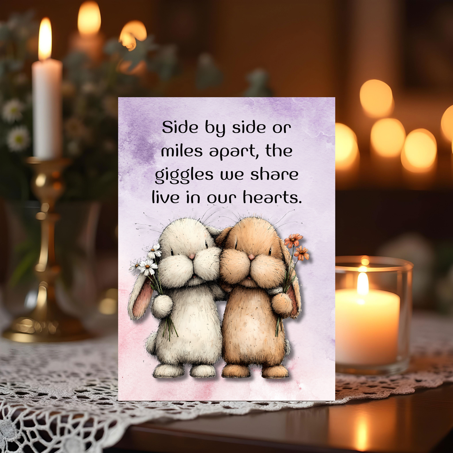 The Forever Friends Collection Greeting Card:  Side by Side or Miles Apart, The Giggles We Share Live in Our Hearts.