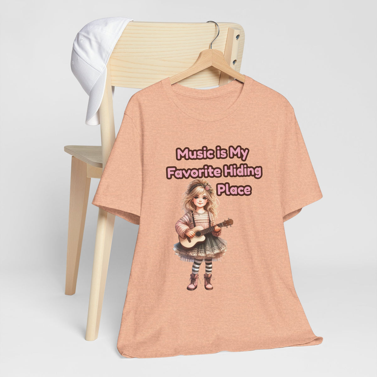 Music Is My Favorite Hiding Place T-Shirt — Cute Girl with Guitar Tee