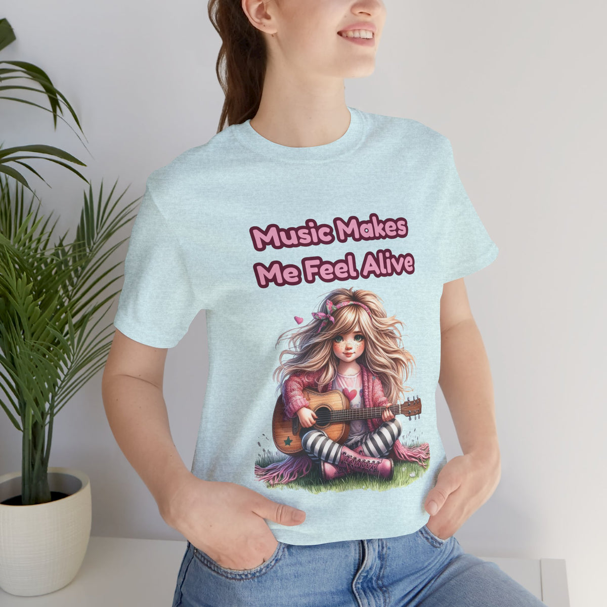 Music Makes Me Feel Alive T‑Shirt - Girl with Guitar Retro Cute Tee