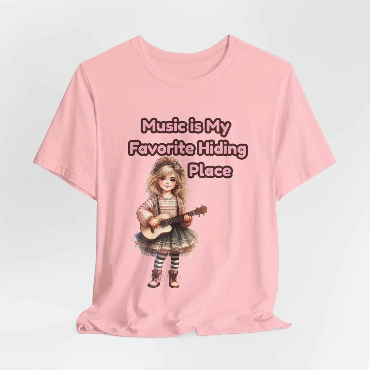 Music Is My Favorite Hiding Place T-Shirt — Cute Girl with Guitar Tee
