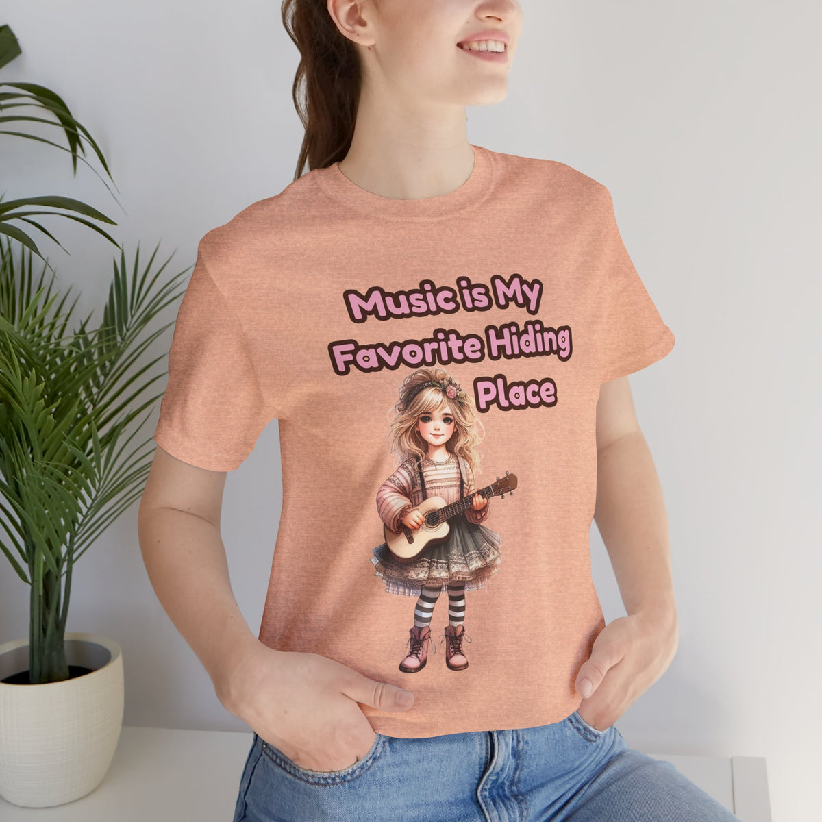 Music Is My Favorite Hiding Place T-Shirt — Cute Girl with Guitar Tee