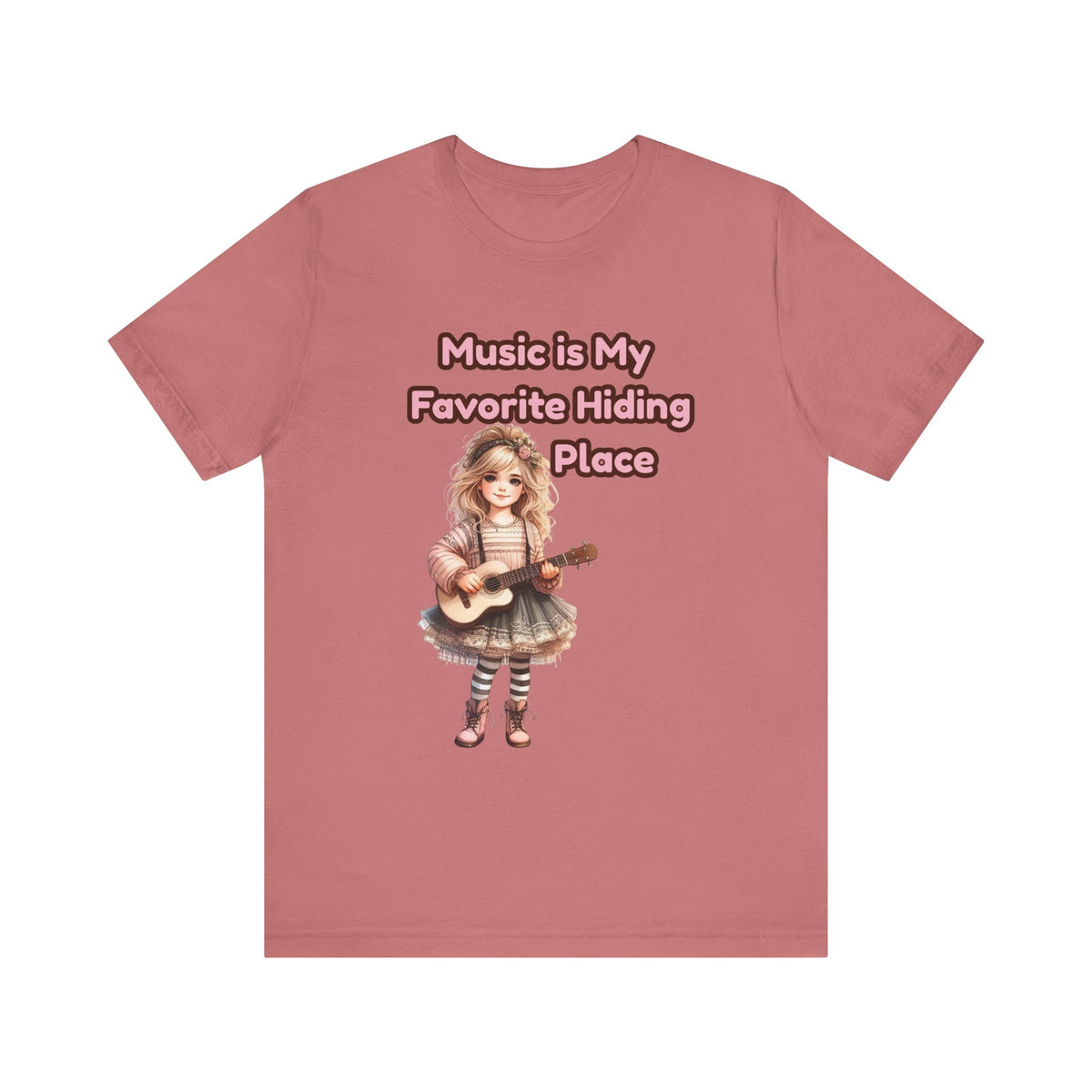 Music Is My Favorite Hiding Place T-Shirt — Cute Girl with Guitar Tee
