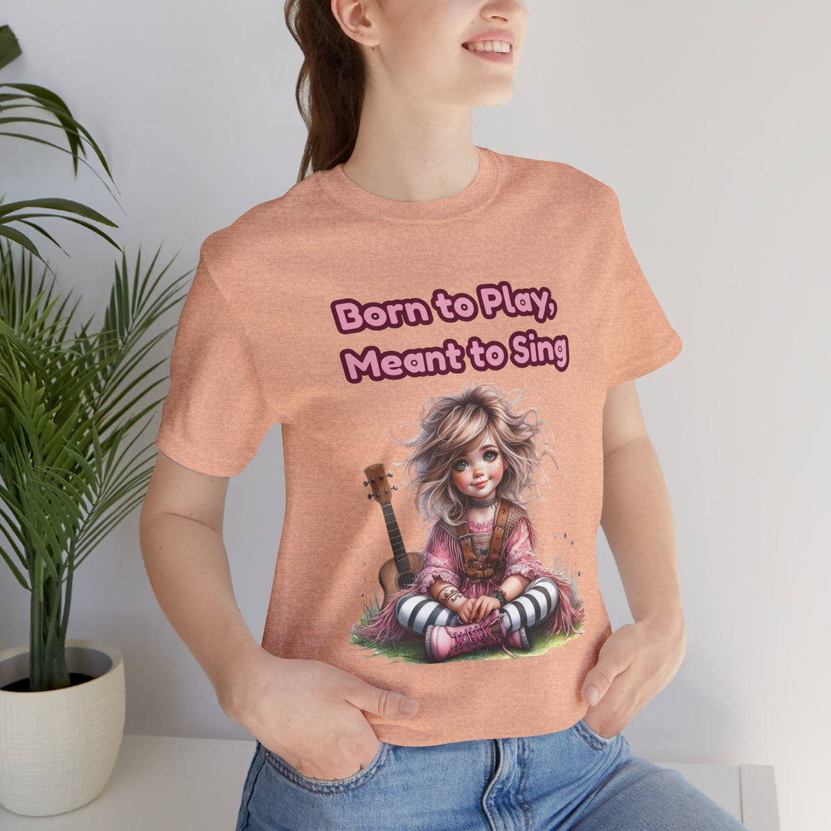 Music Lovers T‑Shirt — "Born to Play, Meant to Sing" Cute Girl with Guitar