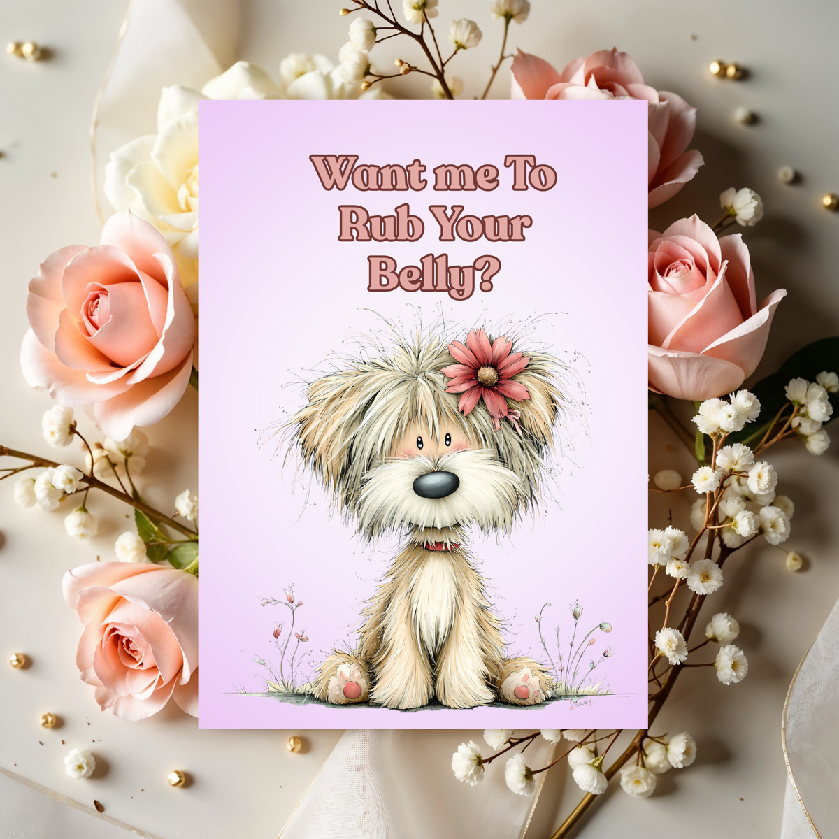 Humorous Dog Greeting Card: Want Me To your Belly? 5 x 7 Greeting Card